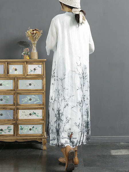 Plus Size Women Summer Bamboo Print Ramie Dress SC1029 Ada Fashion