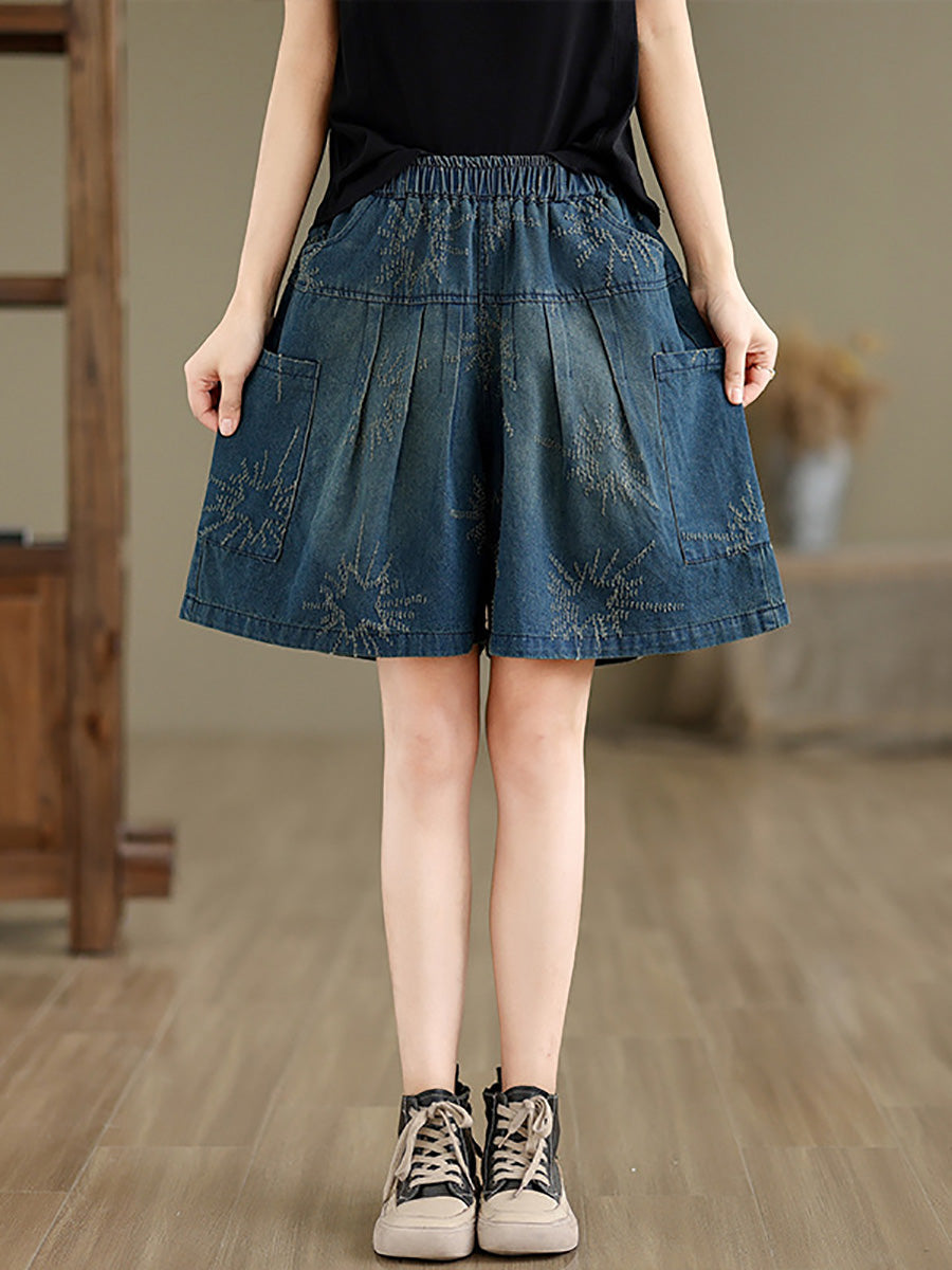 Women Summer Retro Star Jacquard Denim Fifth Pants CC012 ZMFS