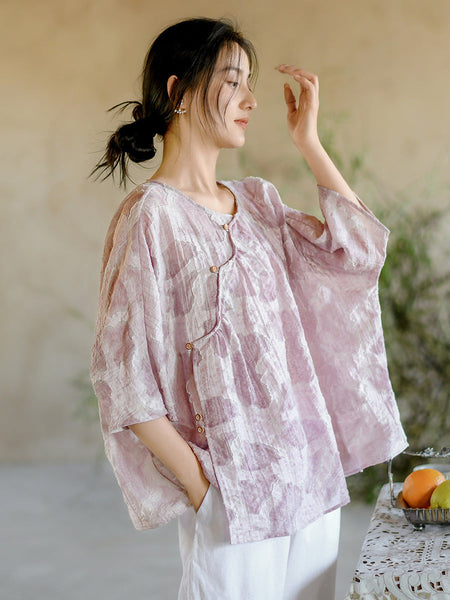 Women Summer Vintage Print O-Neck Button Loose Shirt II1009 BUYKUD