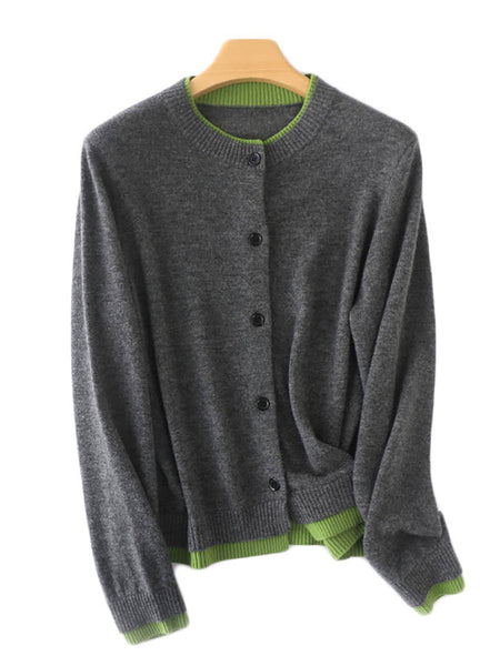 Women Autumn Colorblock Knit 100%Wool O-Neck Sweater QM006 BK