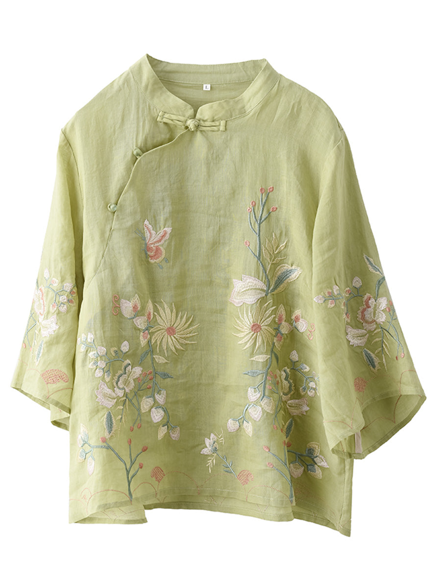 Women Vintage Floral Embroidery Ramie Stand Collar Shirt WE1038 Ada Fashion