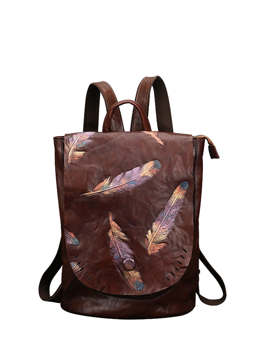 Women Vintage Leather Feather Embossing Backpack AH1089 ZLPJ