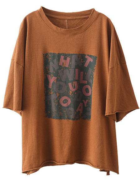 Women Summer Casual Print O-Neck Loose Cotton Shirt ZZ1054 Ada Fashion