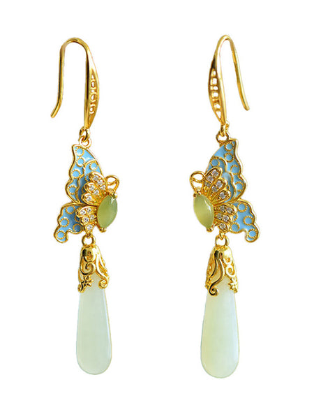 Butterfly Ethnic Enamel Earrings Women Jade S925Silver FashionChic