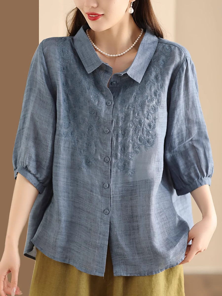 Women Vintage Embroidery Summer Ramie Loose Shirt SC1003 Ada Fashion