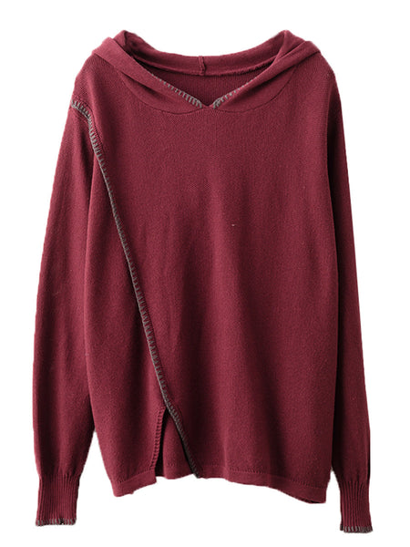 Women Autumn Casual Split Hem Knit Hooded Blouse AI1066 ZMMM