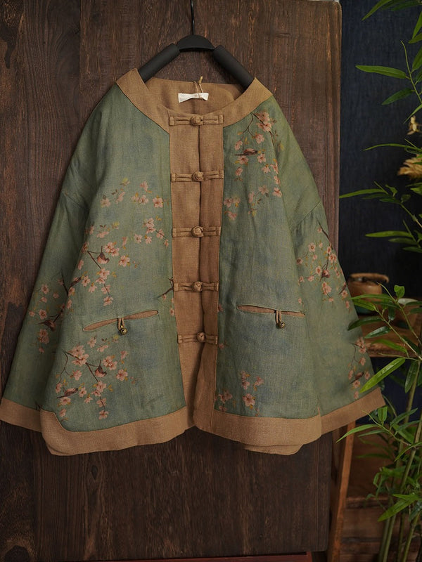 Women Autumn Ethnic Colorblock Flower Linen Short Coat AH1045 TXSR