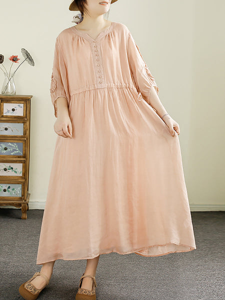 Women Summer Artsy Pure Color V-Neck Ramie Dress HH018 XJYF