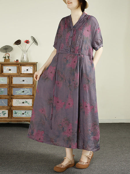 Women Summer Vintage Shirred V-Neck Ramie Loose Dress LL037 BUYKUD