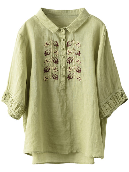 Women Summer Vintage Embroidery Turn-down Collar Ramie Shirt FD017 YDR