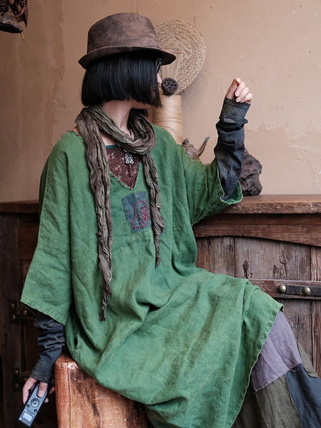 Women Retro Summer Spliced Linen V-Neck Dress AA1033 Ada Fashion