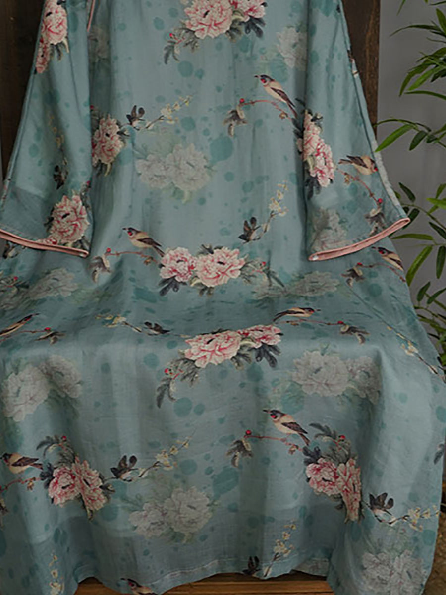 Women Autumn Vintage Flower Ramie Blue  Robe Dress AX1004 Genistyle Shop