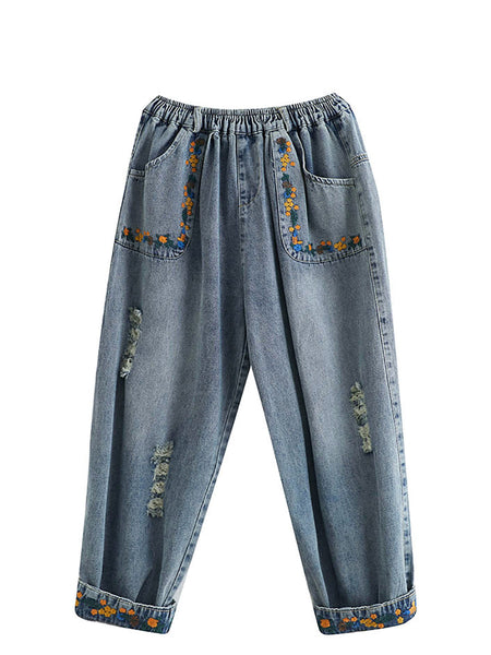 Women Artsy Embroidery Frayed Denim Harem Pants FD006 ZMFS