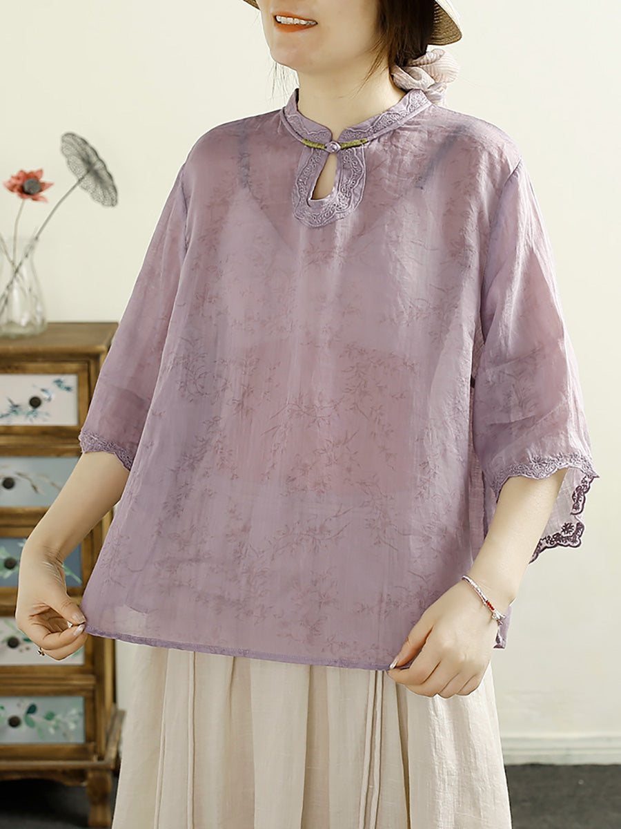 Women Summer Ethnic Floral Embroidery Thin Ramie Shirt HH041 LSFZ