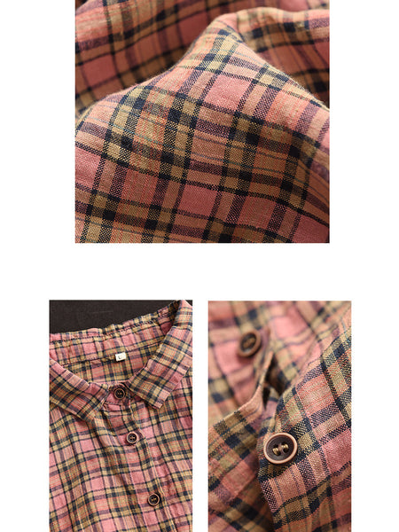 Women Artsy Plaid Summer Button-up Linen Shirt KL1012 Ada Fashion