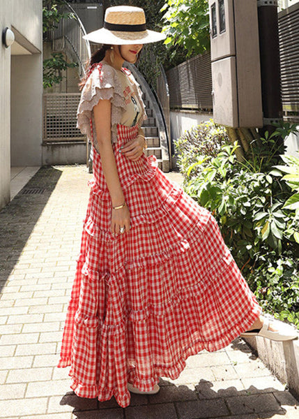 neck Plaid Sleeveless Button Stylish Dresses Layered Red Slash FashionChic