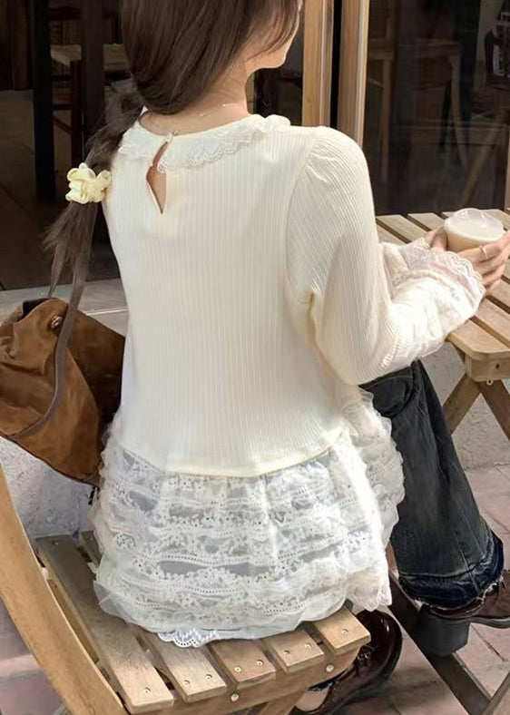 T Fit Patchwork Slim Button Shirt Spring Lace Beige FashionChic