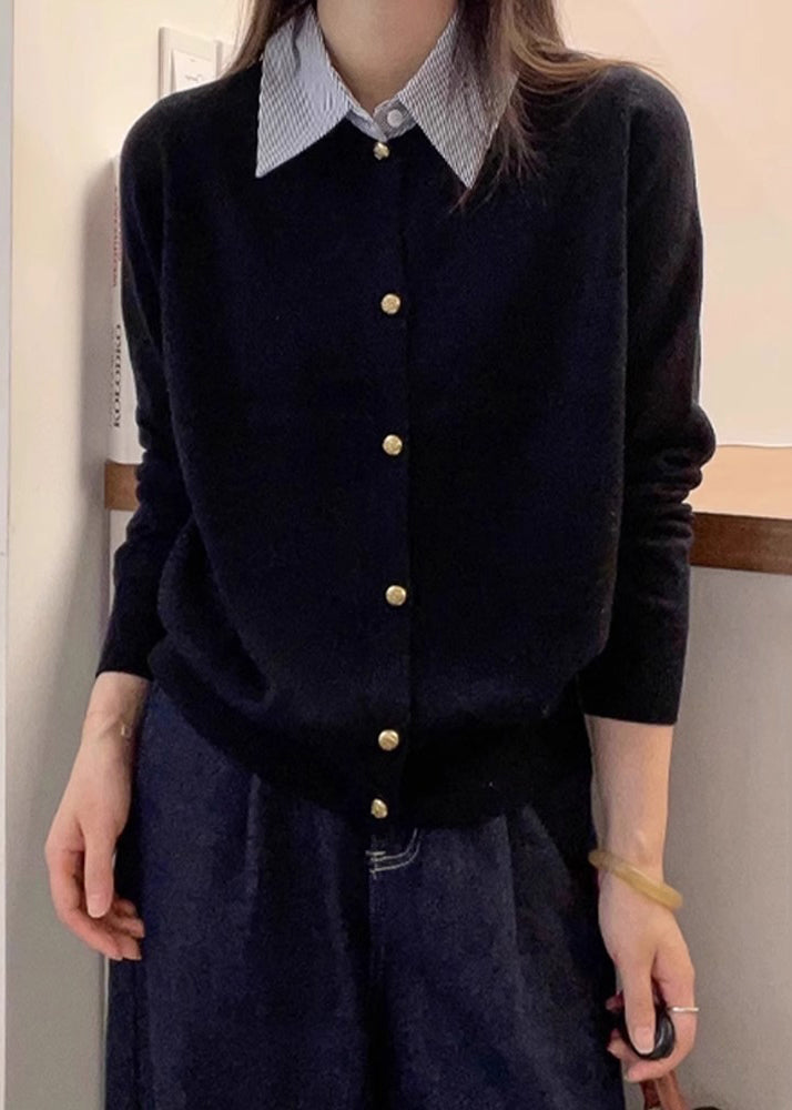 French Black Peter Pan Collar Button Patchwork Knit Top Fall QX002 shopify