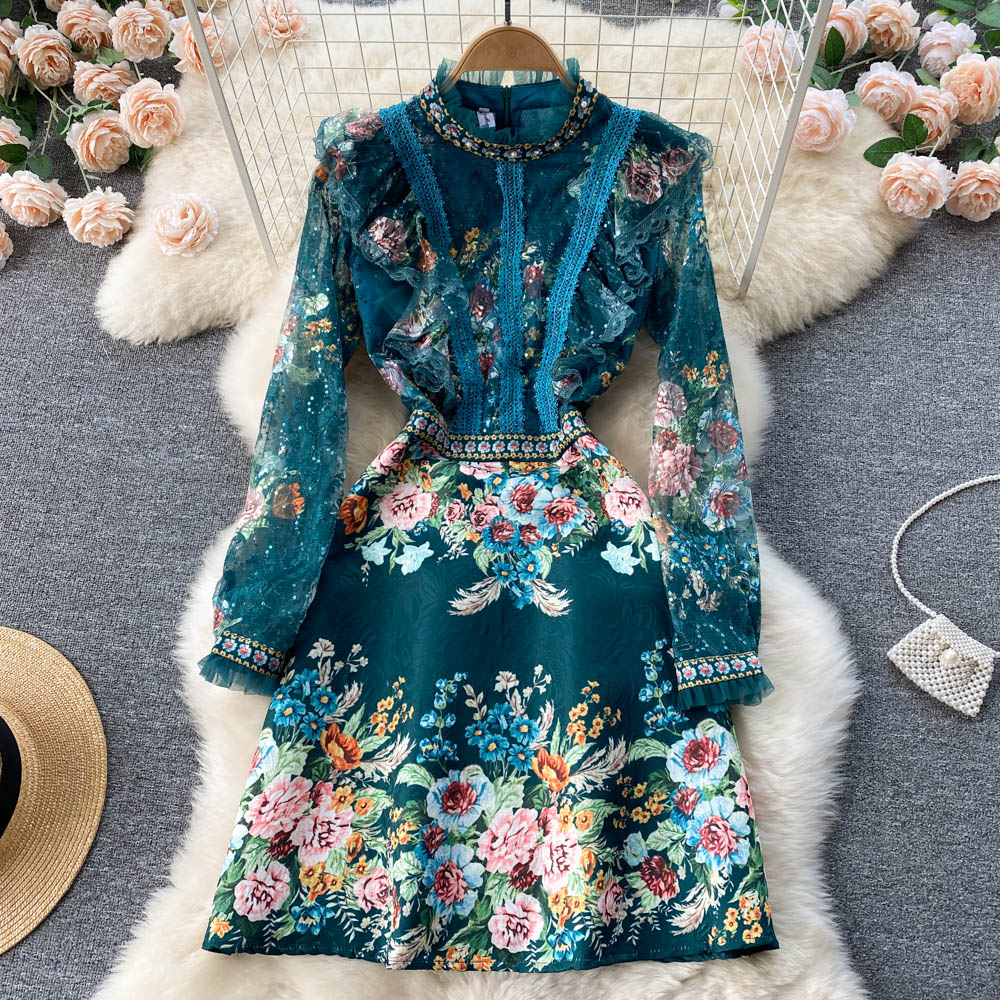 French Green High Neck Lace Stitching Beaded Floral Print Long Sleeve Dress AR1014 shopify