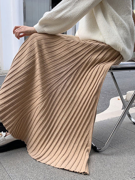Brief Khaki High Waisted Pleated Striped A-Line Knit Skirt TW006 ABC