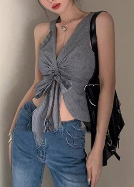 Sexy Grey V Neck Tie Waist Vest Summer AN1028 Genistyle Shop