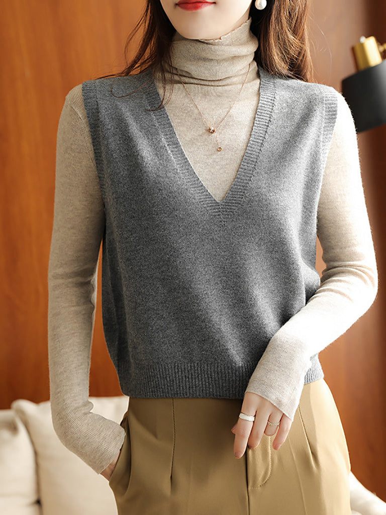 Women Casual Wool Solid V-Neck Knit Vest AK1045 Genistyle Shop