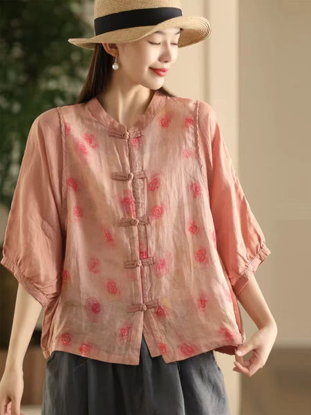 Women Summer Vintage Flower Spliced Button-up Ramie Shirt FD042 ZMMM