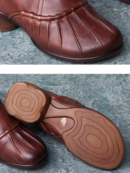 Women Vintage Autumn Shirred Low Heel Ankle Boots BA1052 Genistyle Shop