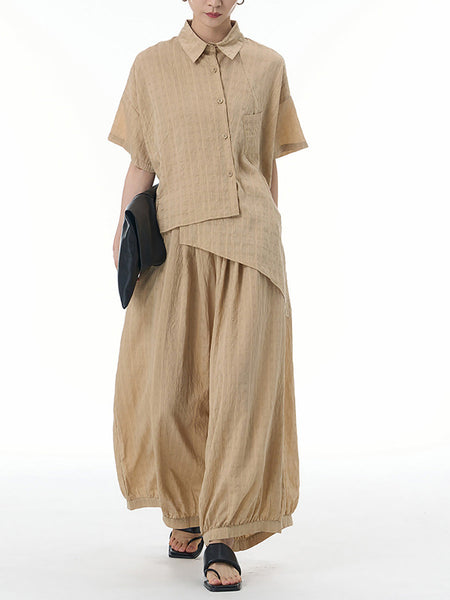 Women Summer Artsy Plaid Button-up Irregular Hem Shirt CX033 AYFZ