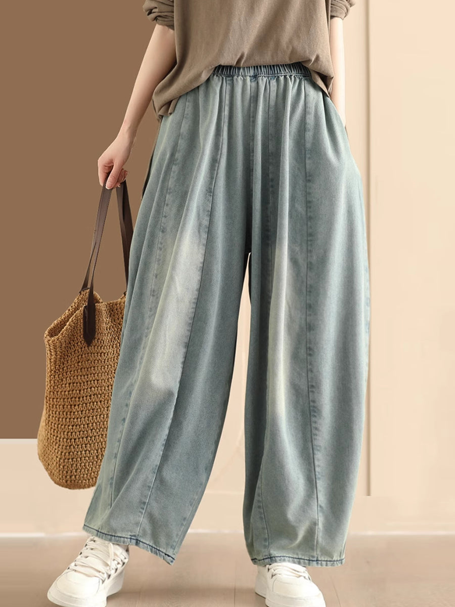 Women Vintage Washed Spliced Denim Wide-leg Pants QW1007 Ada Fashion