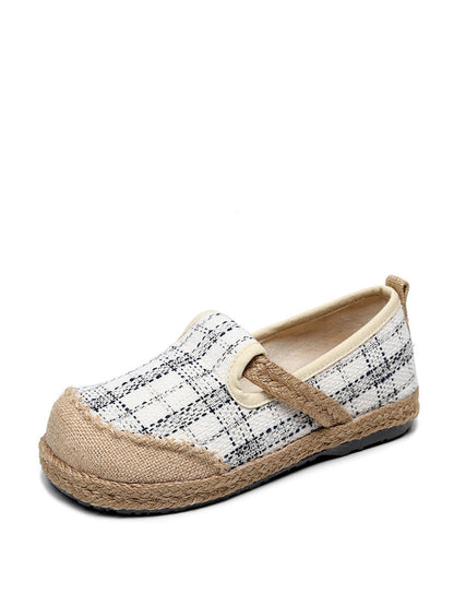 Women Artsy Summer Plaid Linen Spliced Flat Shoes RR007 BUYKUD