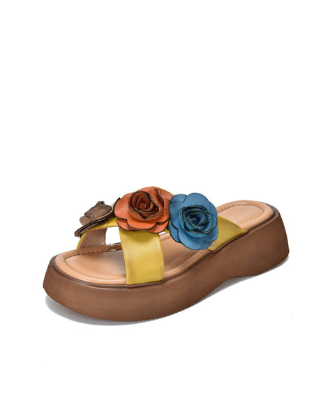 Women Summer Platform Spliced Flower Leather Slippers FashionChic