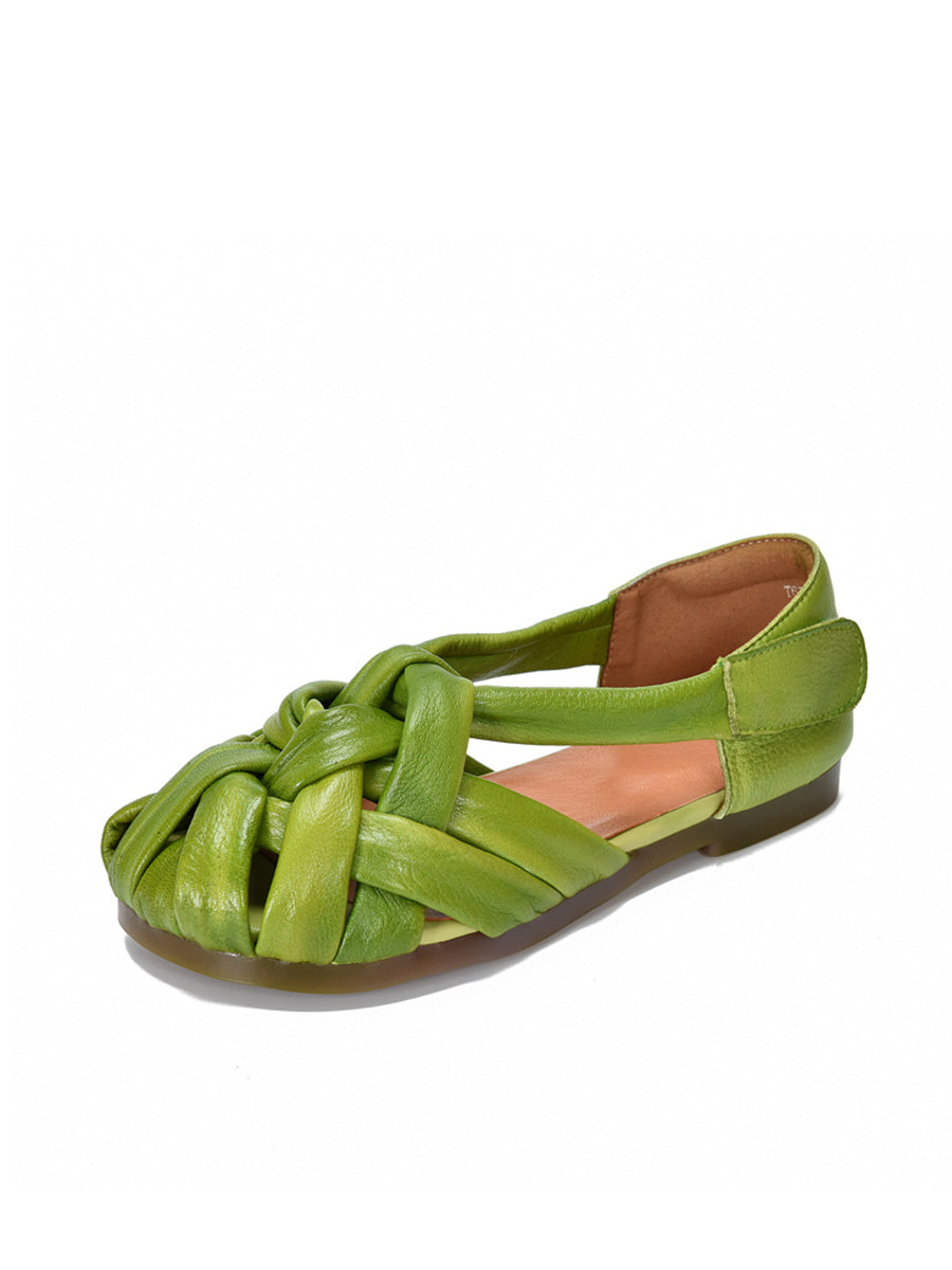 Summer Leather Flat Retro Women Weave Genuine Shoes FashionChic