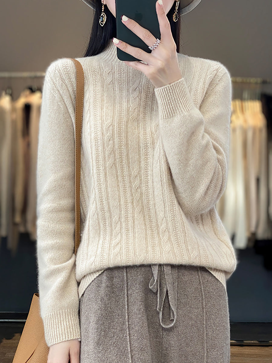 Women Autumn Solid Cable Knit 100%Wool Half Turtleneck Sweater QN027 BK