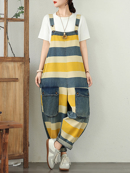 Summer Colorblock Women Loose Denim Stripe Jumpsuits FashionChic