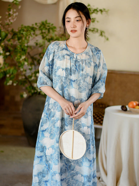 Women Summer Artsy Flower Print Loose Ramie Dress OO1025 QMCJ