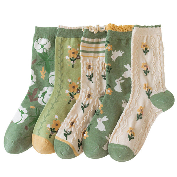 5 Pairs Women Artsy Flower Green Mid-Calf Socks IO1011 Ada Fashion