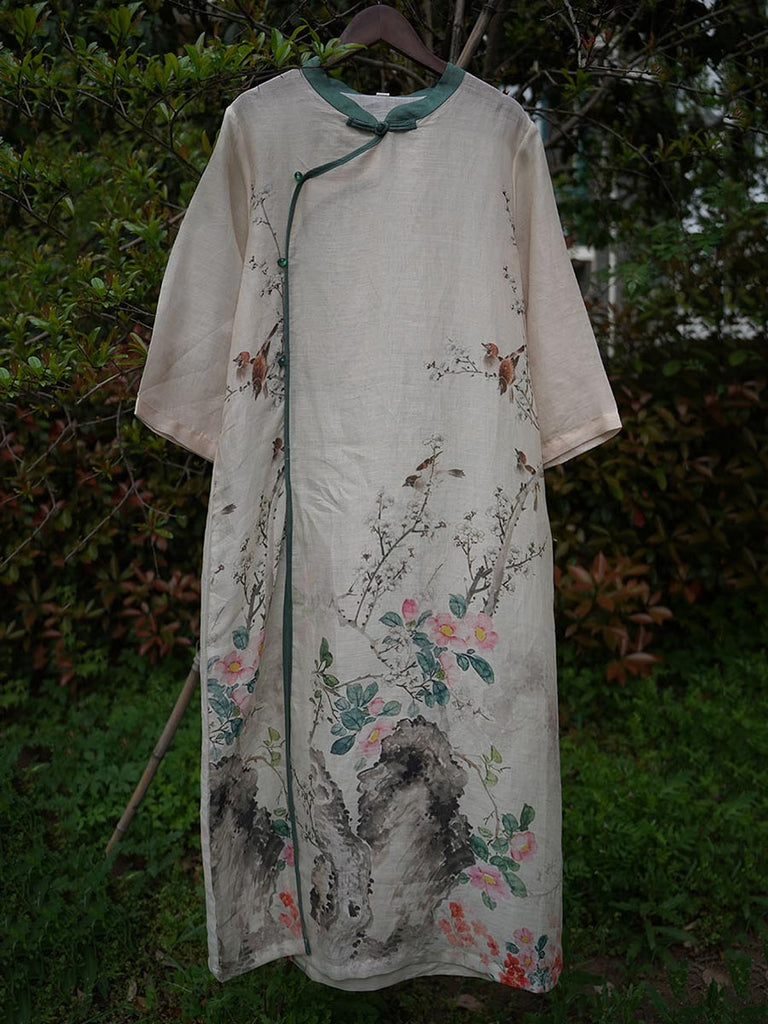 Women Ethnic Summer Flower Print Ramie Robe Dress XX1019 Ada Fashion