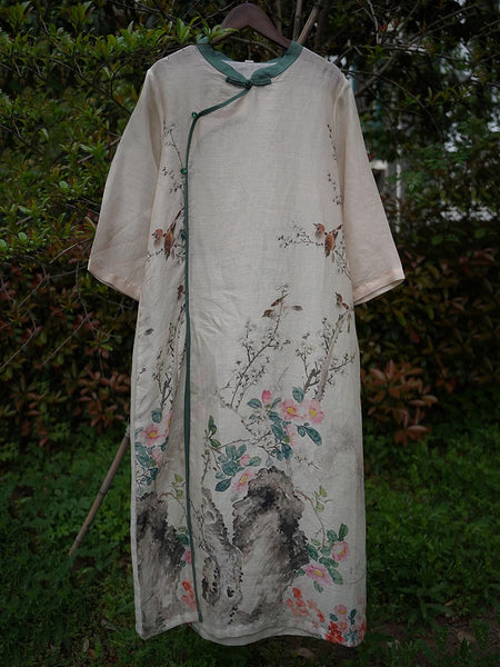 Women Ethnic Summer Flower Print Ramie Robe Dress XX1019 Ada Fashion