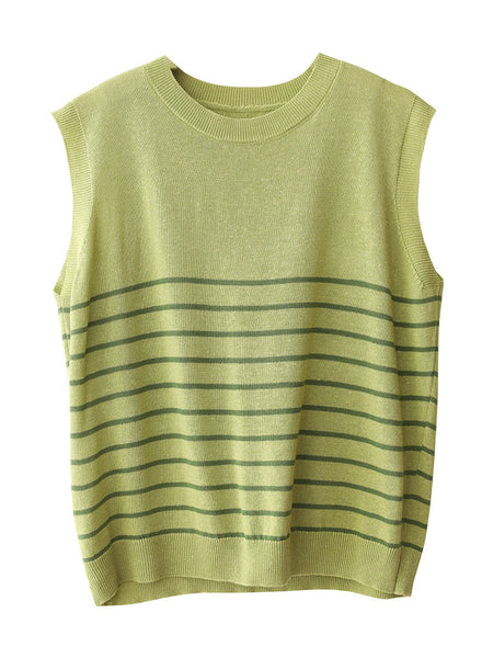 Women Summer Casual Stripe Knitted O-Neck Linen Vest CX004 BUYKUD