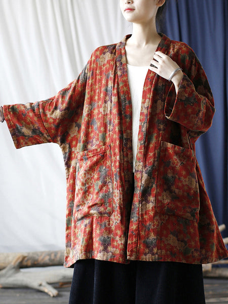 Women Ethnic Floral V-neck Pocket Cardigan Coat RR019 XIM