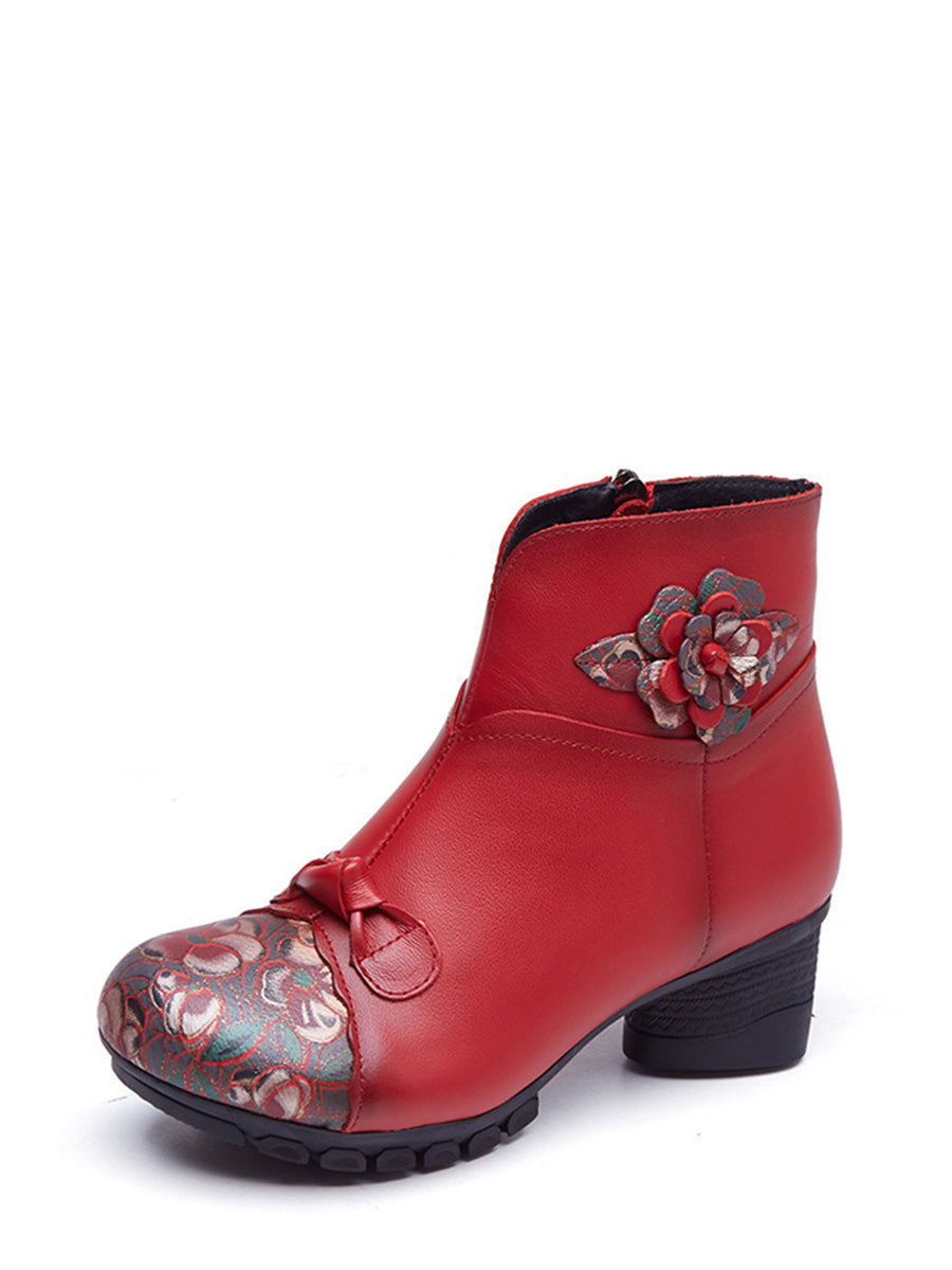 Women Ethnic Autumn Flower Spliced Leather Mid-Heel Boots AI1019 MXXZ