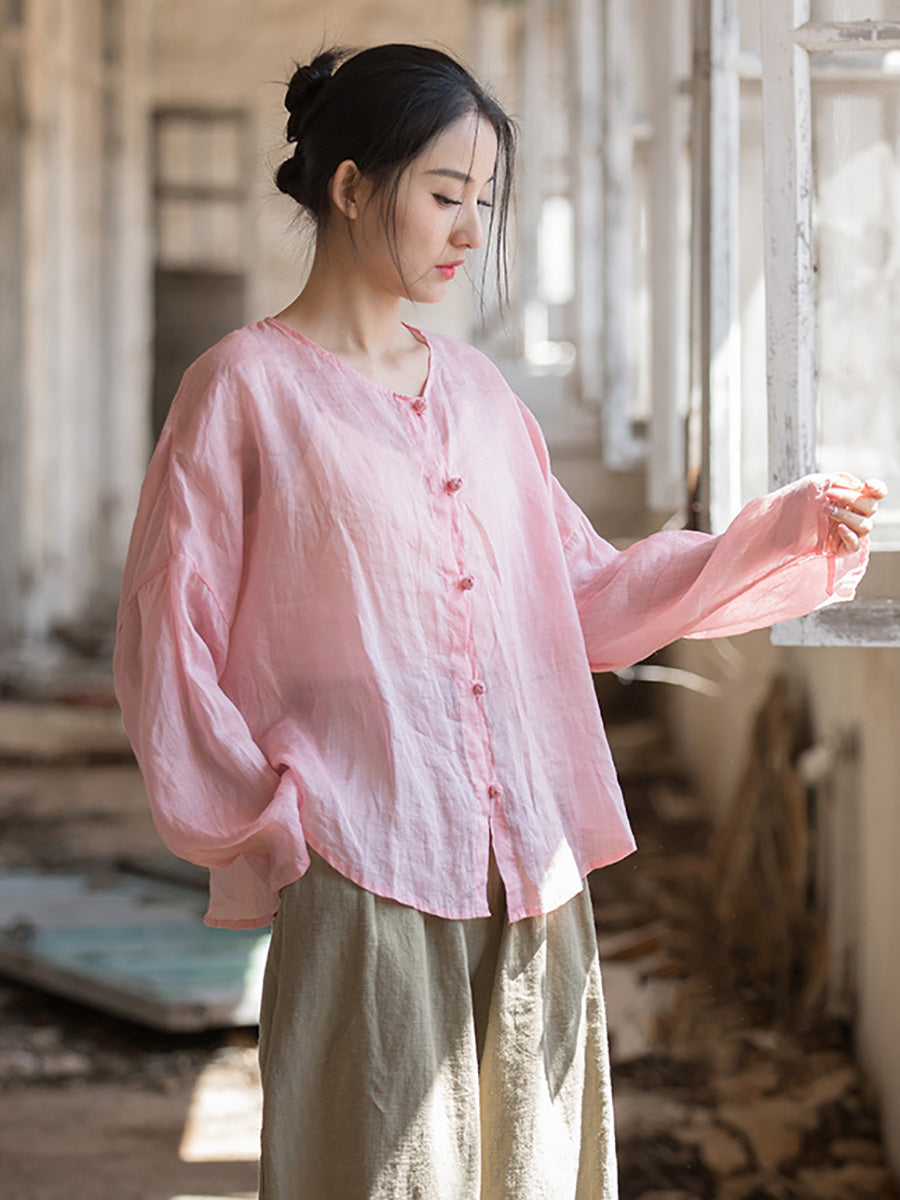 Women Summer Artsy Solid Ramie Button-Up Shirt KL1012 Ada Fashion