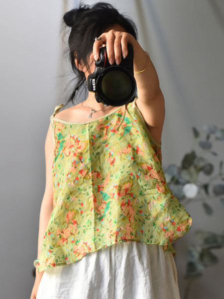 Women Prairie Chic Floral Drawstring Ramie Vest HH001 QYMM
