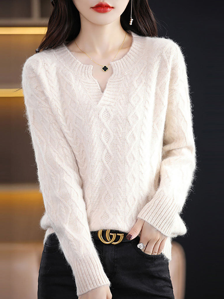 Women Autumn V-Neck Wool Twist Knit Sweater AX1030 Genistyle Shop