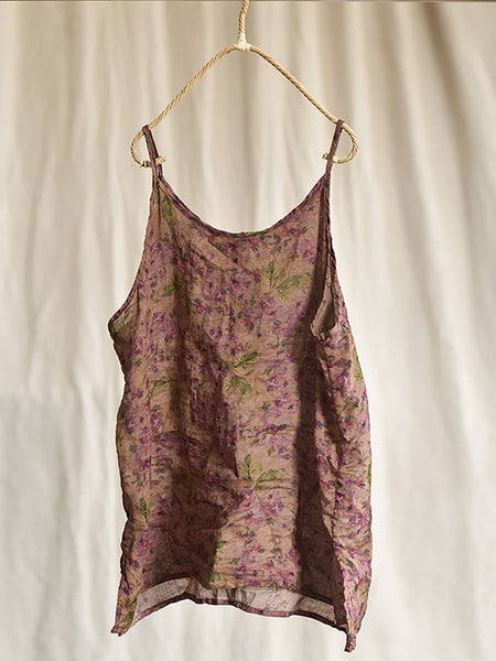 Women Vintage Flower Split Hem Thin Summer Ramie Vest HH051 QYMM