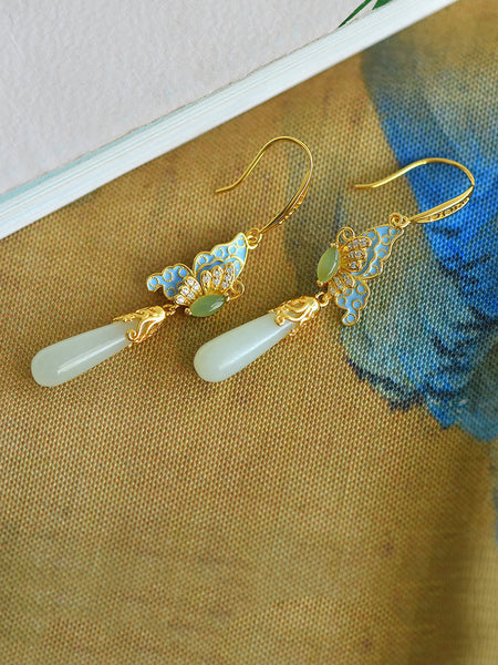 Butterfly Ethnic Enamel Earrings Women Jade S925Silver FashionChic