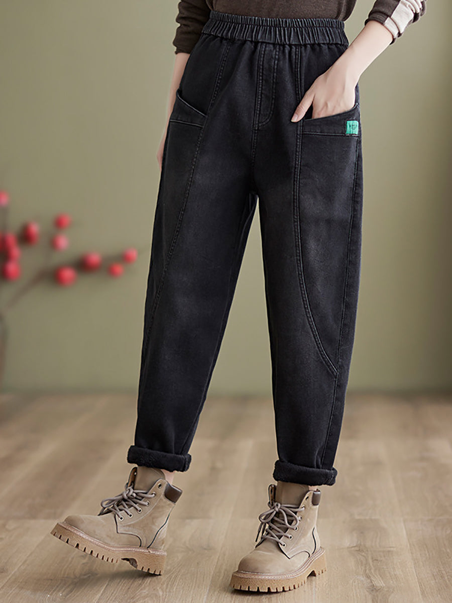 Women Autumn Vintage Solid Fleece-lined Harem Pants QN025 BK