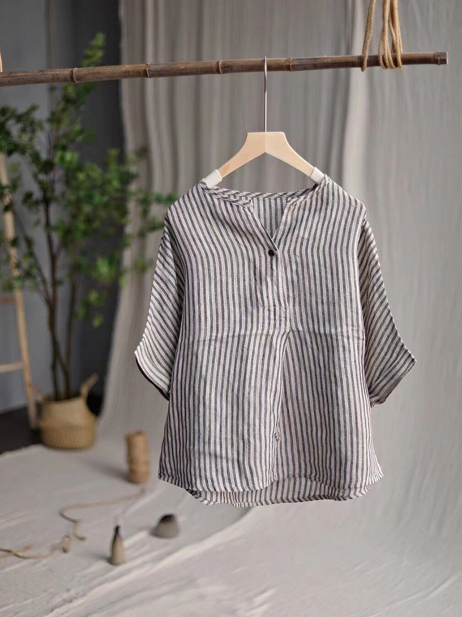 Women Casual Stripe Summer Linen V-Neck Shirt PA1001 Ada Fashion