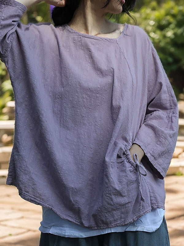 Women Spring Vintage Purple Drawstring Cotton Shirt SC1018 Ada Fashion